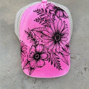 Hand painted pink floral ball cap boho botanical trucker hat